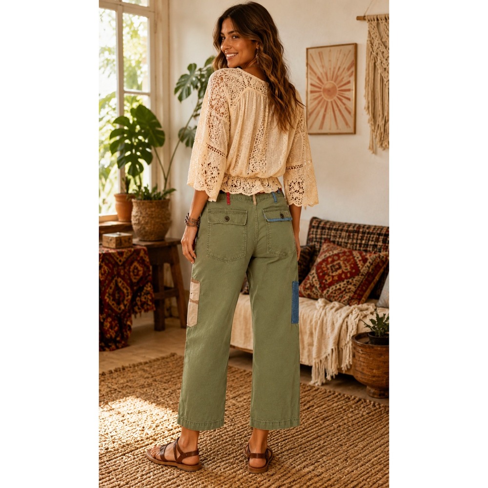 ROY ROGERS Green Cargo Pants Pockets Patches Retro Cropped Roy Roger's Size 31 - Picture 6 of 13